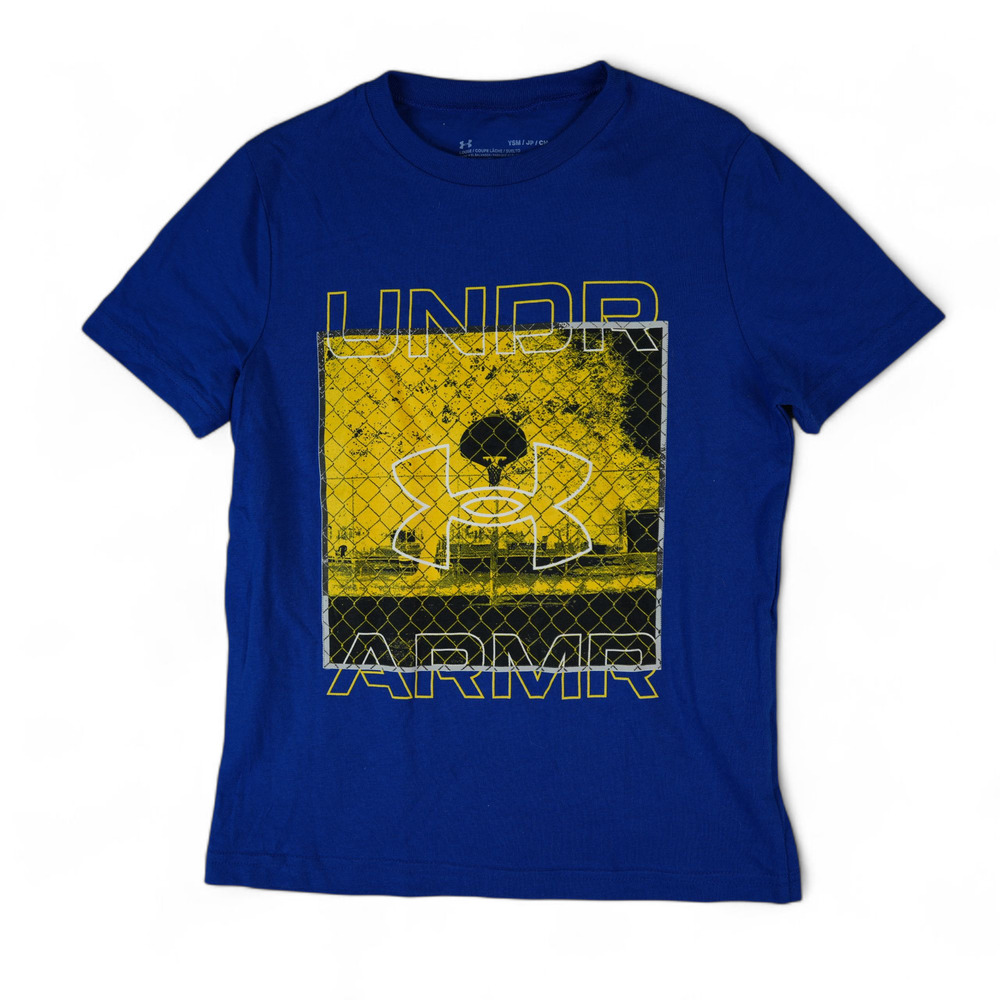 Under Armour T-Shirt Boys Youth Small Blue Yellow Basketball Heat Gear Loose New